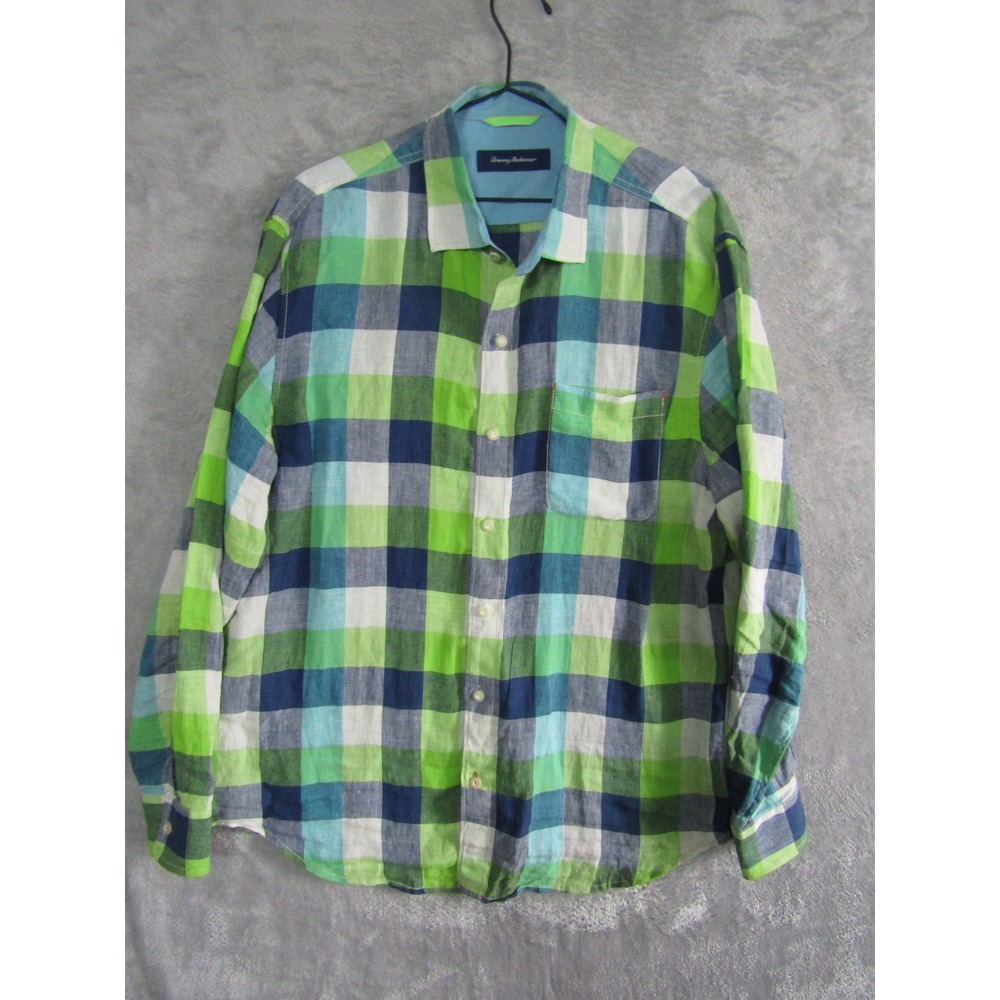 Tommy Bahama Mens Large 100% Linen Long Sleeve Plaid Button Up Shirt Green Blue